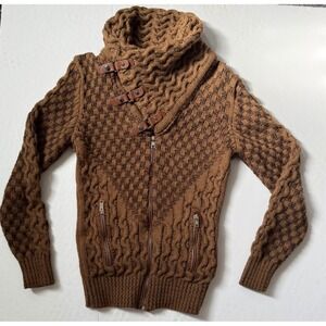 Leif Nelson Mens Brown Cable Knit Full Zip Buckle High Neck Cardigan Sweater M